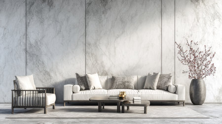 A stylish modern living room featuring a plush sofa, a minimalist coffee table, and a decorative vase creating a cozy and inviting atmosphere.の素材