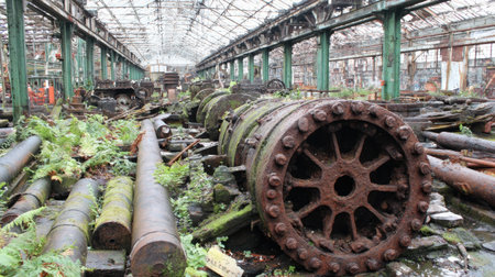 This striking image captures an abandoned industrial warehouse featuring rusty machinery and lush vegetation overtaking the space, symbolizing nature reclaiming man-made structures.の素材