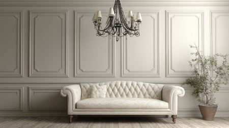 This elegant living room features a cream-colored sofa, a vintage chandelier, and a decorative plant, creating a sophisticated and inviting atmosphere. The neutral wall adds to the timeless design, making it perfect for stylish home dの素材