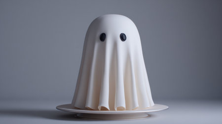 A delightful ghost-themed cake perfect for Halloween celebrations, featuring smooth white icing and quirky black eyes, ideal for festive gatherings.の素材