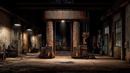 This striking image captures an abandoned industrial warehouse featuring rusty machinery and dim lighting, showcasing an atmosphere of decay and history.の素材