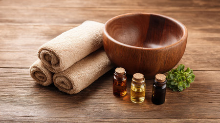 Create a peaceful atmosphere with this serene spa setup featuring soft towels, a wooden bowl, essential oils, and a touch of greenery for a calming experience.の素材