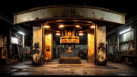 This striking image features a large industrial press set in a dimly lit warehouse environment. The dramatic lighting highlights the rusty metal surfaces and heavy machinery, evoking a sense of depth and history in an industrial setting.の素材