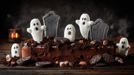 A visually captivating chocolate cake decorated with playful ghost figures and gravestones, perfect for Halloween celebrations. Dark and festive atmosphere enhances the spooky theme, making it an ideal centerpiece for parties and gatherings.の素材