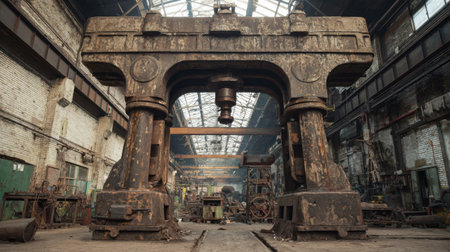This image features a massive, worn industrial machine situated in an abandoned factory. The atmosphere reflects decay, showcasing rust and dust that illustrate a forgotten era of engineering and production.の素材