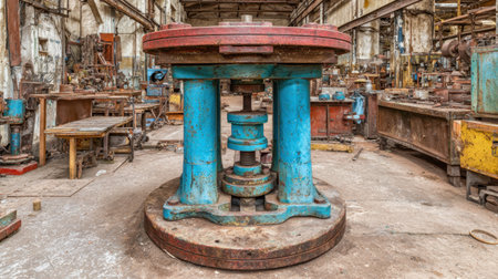 An industrial machine in a neglected factory setting showcases a rusty blue and red color scheme. Surrounding tools and equipment enhance the atmosphere of decay.の素材