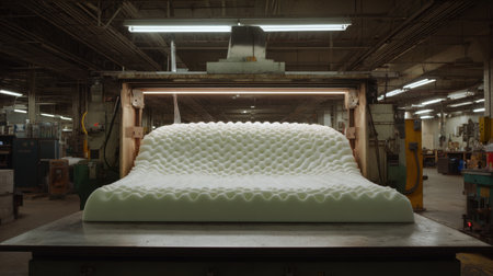 A foam mattress is showcased in a factory setting, highlighting the production process. This industrial scene features advanced machinery and an organized workspace. The foam's texture and material quality emphasize comfort and innovation in bedding design.の素材