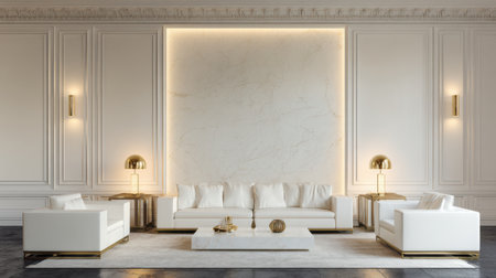 This elegant minimalist living room showcases a stunning marble wall, paired with contemporary white furniture and soft lighting, creating a serene atmosphere.の素材