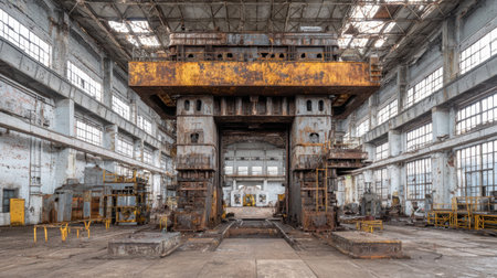 This image showcases a vast, abandoned industrial space featuring a large, rusty press amid empty surroundings. Sunlight filters through large windows, emphasizing the decay and history of this once-bustling factory environment.の素材