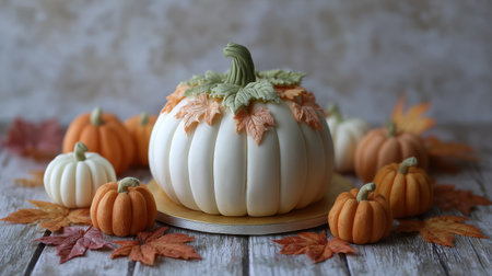A beautifully crafted autumn pumpkin cake adorned with colorful sugar leaves and surrounded by charming mini pumpkins creates a festive atmosphere.の素材