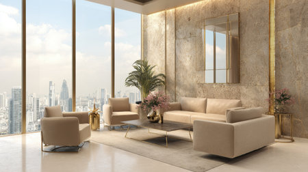 A stunning modern living room featuring a plush sofa, armchairs, and a stylish coffee table, complemented by a breathtaking city view and elegant decor elements.の素材