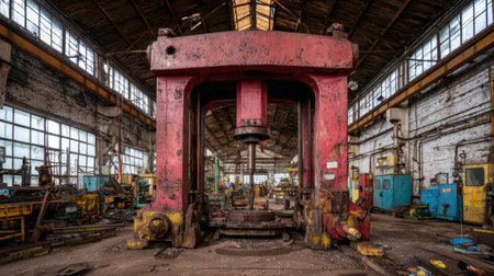 This image depicts an abandoned industrial warehouse showcasing old machinery and tools in various states of disrepair, reflecting a once-thriving workspace.の素材