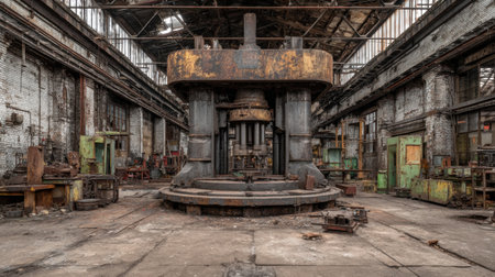 This image features an abandoned industrial warehouse showcasing rusting machinery and weathered walls, evoking a sense of nostalgia and decay.の素材
