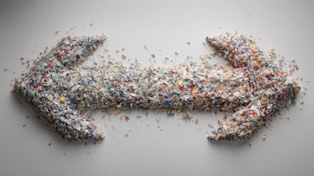 A vibrant arrangement of colorful shredded paper forming an arrow shape, representing choices and pathways on a neutral background, ideal for creative concepts.の素材