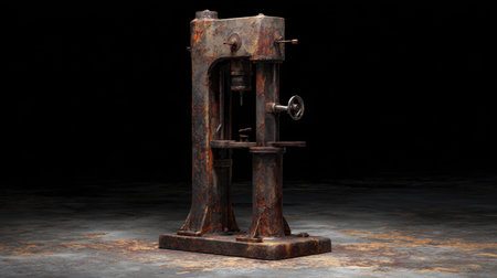 This vintage industrial press machine showcases a rustic metal surface with intricate details, perfect for themes of manufacturing, craftsmanship, and history.の素材
