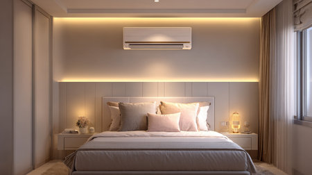 This cozy modern bedroom features a stylish design with soft lighting that creates a soothing atmosphere, perfect for relaxation and comfort.の素材