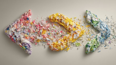 This artistic representation features colorful paper arrows crafted from recycled materials, symbolizing sustainability and environmental consciousness.の素材