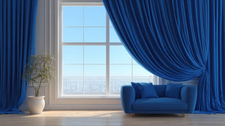 This cozy living room features a blue sofa and flowing curtains, offering a bright view of the city skyline through a large window, creating a serene atmosphere.の素材