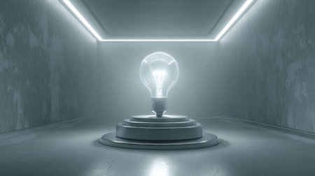 A striking visual of an illuminated light bulb placed on a pedestal in a minimalist room, evoking creativity and inspiration with its soft glow and modern design.の素材