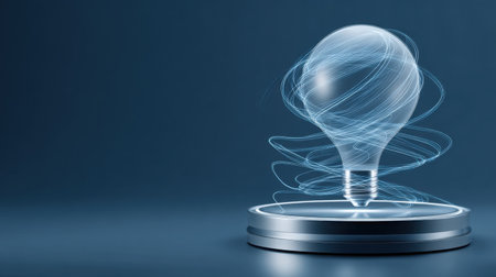 This artistic representation of a light bulb showcases swirling blue energy, symbolizing creativity and innovation in a minimalistic design.の素材