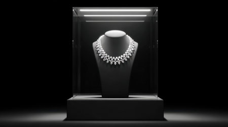 A stunning display of an elegant diamond necklace showcased in a modern glass case. The dramatic lighting enhances the luxurious details and craftsmanship of this exquisite jewelry piece.の素材