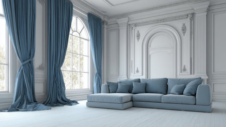 This image showcases a sophisticated interior featuring a blue sectional sofa in a bright, airy living space, enhanced by elegant window treatments and intricate architectural details.の素材