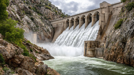 This stunning image showcases a powerful hydro dam with dynamic water flow cascading over its structure, surrounded by rugged rocks and vibrant greenery.の素材
