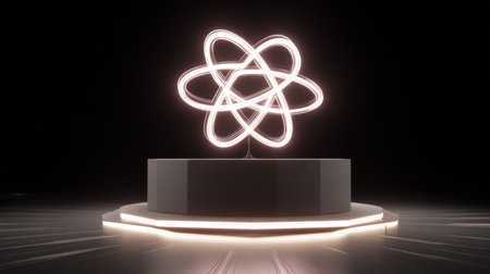 A captivating abstract sculpture featuring a neon light design resembling atomic structure, elegantly placed on a round pedestal in a dark setting.の素材
