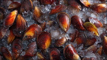 These fresh red mussels sit on ice, showcasing their vibrant colors and textures. Perfect for culinary preparation, this close-up image highlights the natural beauty of seafood.の素材