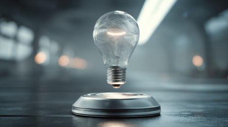 A surreal image of a floating light bulb above a sleek metal base, surrounded by a modern ambiance, symbolizing innovation and creativity in design.の素材