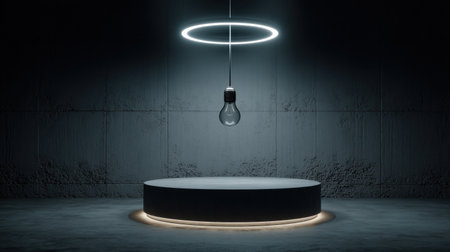 A captivating minimalist studio scene featuring a suspended light bulb beneath a circular neon halo, set against a textured wall, ideal for creative projects.の素材