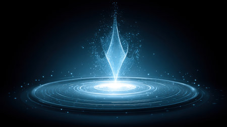 This captivating image showcases an ethereal light emanating from a central point, surrounded by glowing particles and circular waves, evoking a sense of wonder.の素材