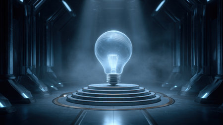 This image features a glowing light bulb positioned on a pedestal in a futuristic environment, surrounded by ethereal light and dark elements. The scene represents innovation and creative energy.の素材