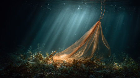 A mesmerizing underwater scene showcasing soft rays of light shining through the water onto a delicate fishing net, nestled among vibrant marine plants.の素材