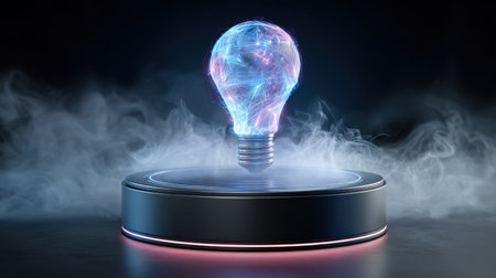 A stunning futuristic light bulb hovers above a sleek circular platform, radiating colorful electric energy amidst a captivating misty ambiance. Perfect for tech and innovation themes.の素材