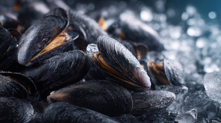 An appealing close-up of fresh mussels on ice, showcasing their unique texture and colors. Ideal for culinary projects, food blogs, and seafood promotions.の素材