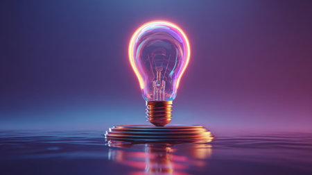 A stunning light bulb radiates in vibrant colors above a smooth water surface, creating a captivating abstract scene filled with dynamic neon effects.の素材