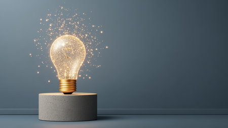 A captivating light bulb adorned with sparkles sits elegantly on a pedestal against a sleek gray wall, symbolizing creativity and innovation.の素材