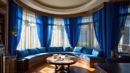 This image showcases a stylish living area featuring vibrant blue drapes that elegantly frame the windows, allowing ample natural light to enhance the inviting atmosphere.の素材
