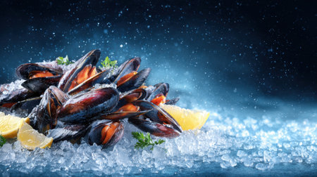 A stunning arrangement of fresh mussels resting on ice, complemented by bright lemon wedges and vibrant green garnish, showcasing natural seafood beauty.の素材