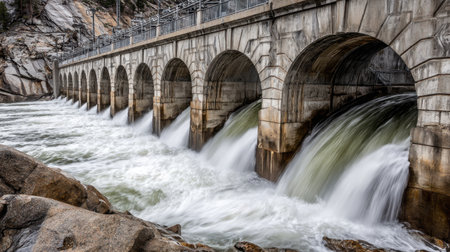 Experience an iconic dam showcasing flowing water amidst a rocky landscape. This image captures the harmony between engineering and nature, ideal for environmental themes.の素材