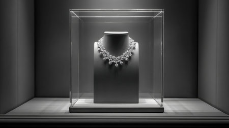 This elegant jewelry display highlights a stunning diamond necklace in a minimalist setting, enhanced by dramatic lighting and sleek glass casing.の素材