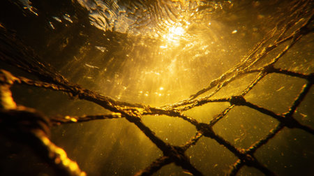 A mesmerizing underwater scene capturing the golden sunlight filtering through tranquil water, accentuated by the intricate patterns of a fishing net.の素材