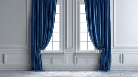 This image features elegant blue velvet curtains perfectly framing bright windows in a modern minimalist interior, showcasing luxurious design and style.の素材