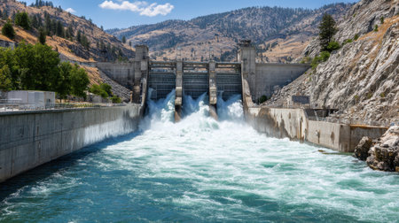 A stunning view of a hydroelectric dam releasing a strong flow of water into a river, framed by rolling mountains and blue skies, showcasing nature's power.の素材