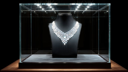 A stunning diamond necklace elegantly displayed within a glass case, highlighting its brilliance and intricate design against a dark backdrop.の素材