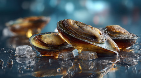 This striking close-up of fresh shellfish on ice showcases rich textures and vibrant colors, perfect for culinary themes and gourmet presentations.の素材