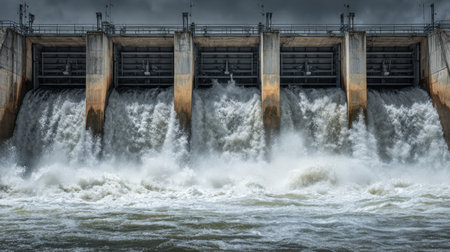 A striking hydroelectric dam showcases the raw power of cascading water during stormy weather, surrounded by dramatic clouds, reflecting energy and engineering prowess.の素材