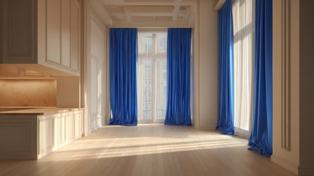 This image showcases a bright and airy interior with stunning blue curtains, elegant lighting, and a spacious layout, perfect for a modern home setting.の素材
