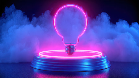 This captivating image features a neon light bulb suspended above a vibrant glowing ring, surrounded by colorful smoke in a dark setting, creating a surreal atmosphere.の素材